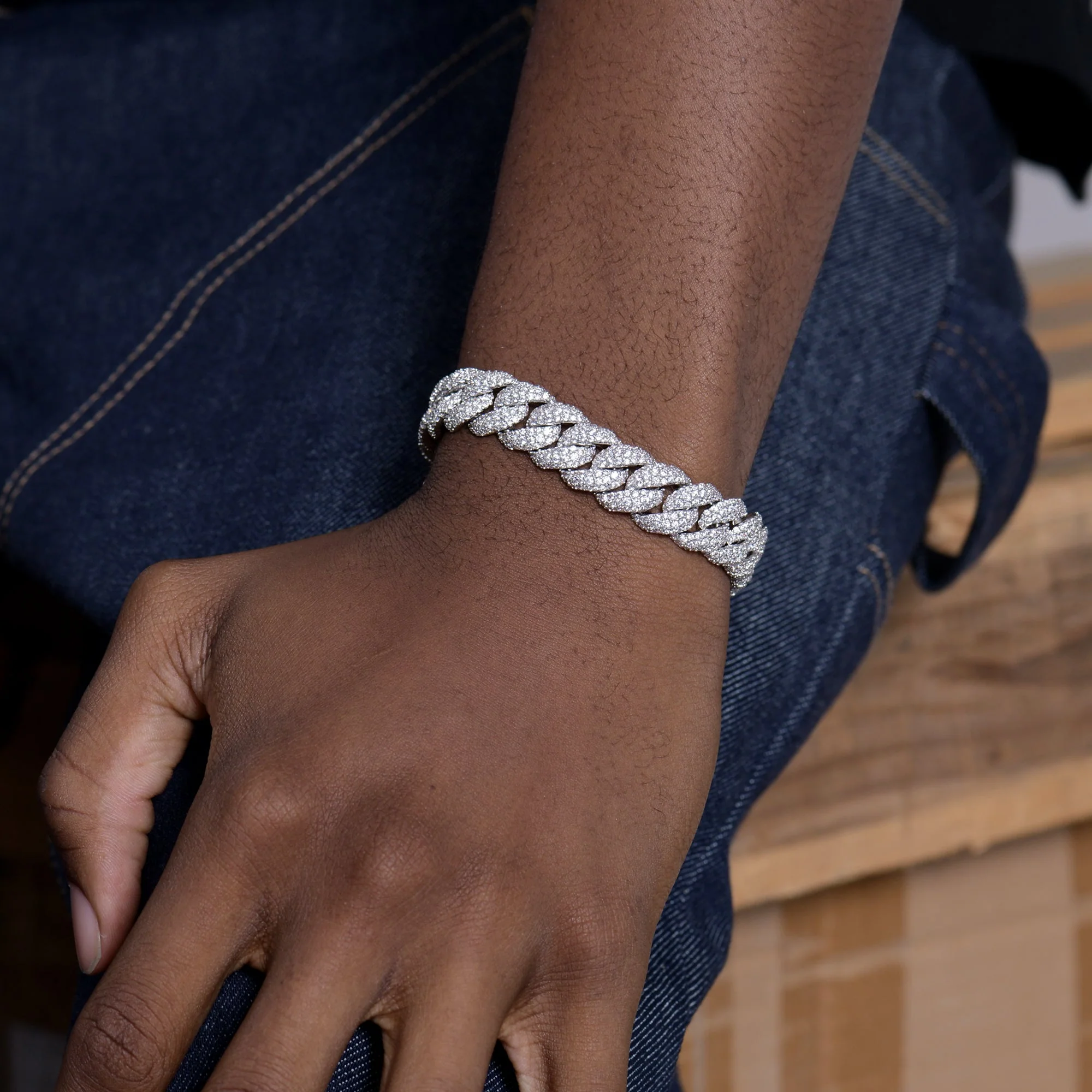 12mm Round Cut Cuban Link Bracelet - White Gold - Image 2