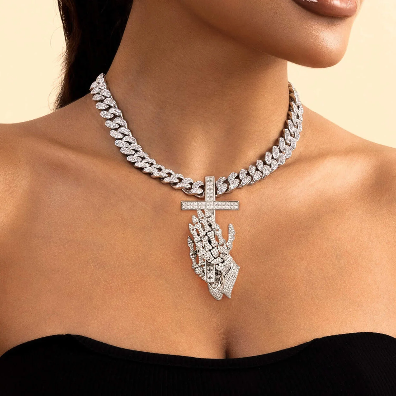 Praying Skeleton Hands Cross Pendant - Image 4