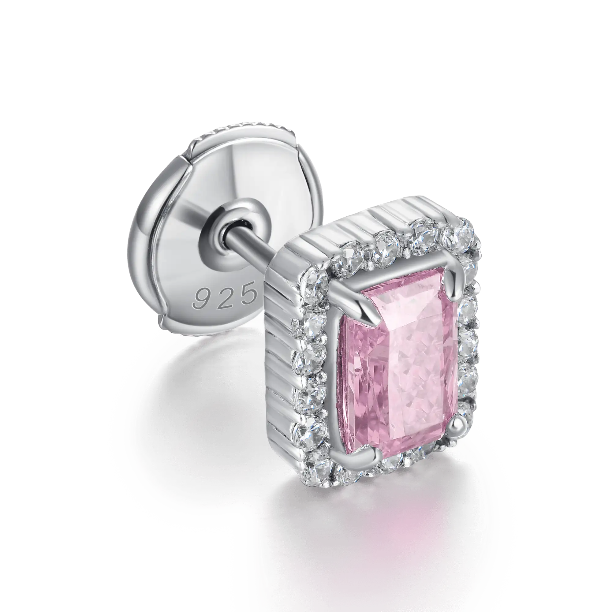 S925 Crushed Ice Emerald Cut Stud Earring - Fancy Light Pink - Image 4