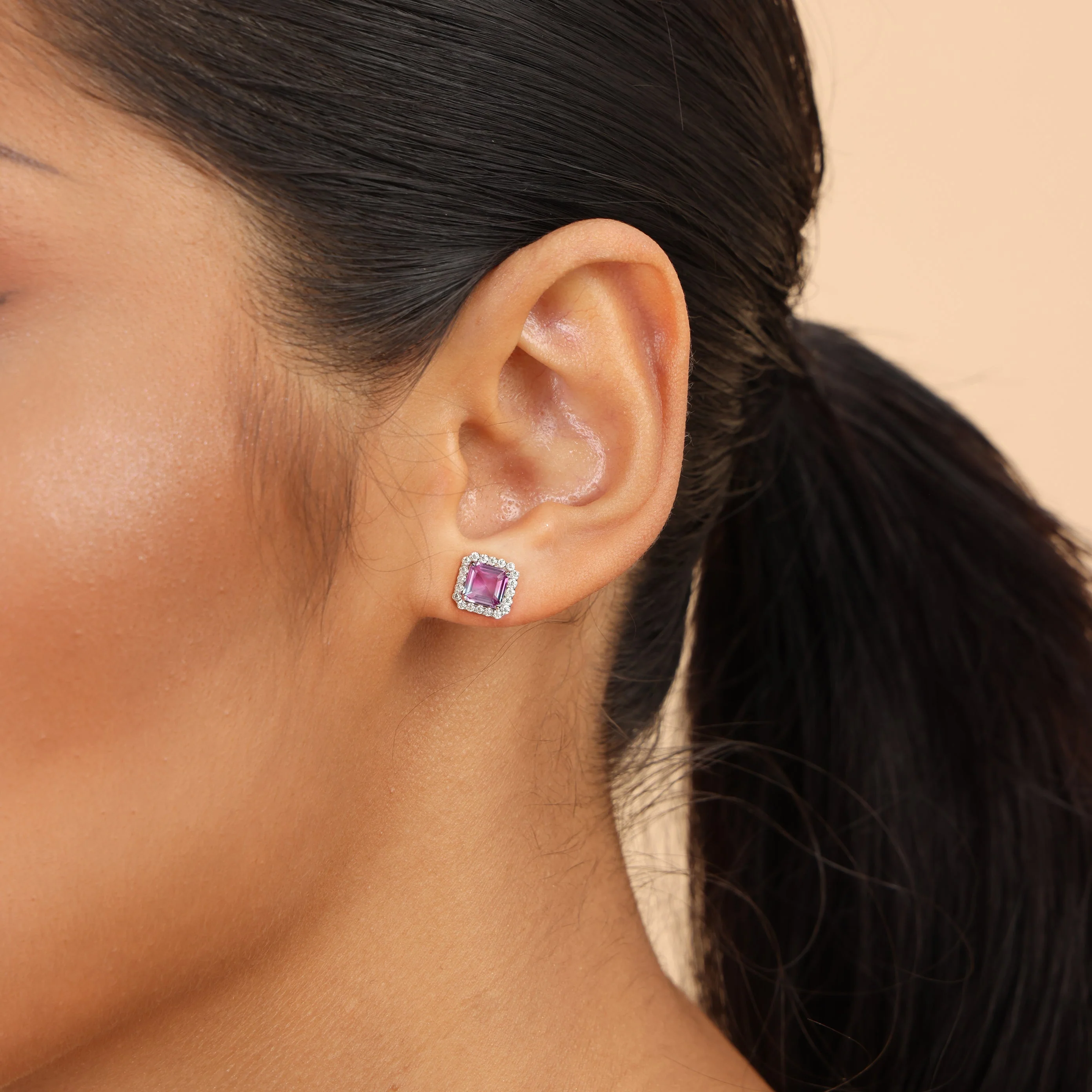S925 Emerald-Cut Gradient Tourmaline Halo Stud Earring - Image 3