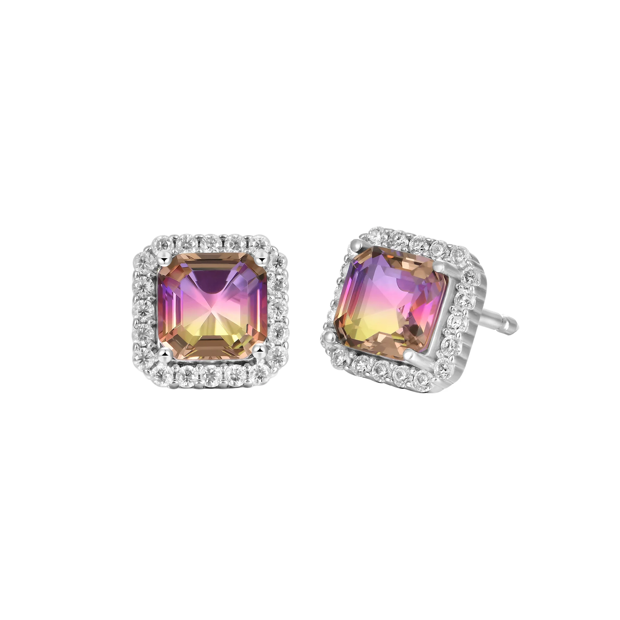 S925 Emerald-Cut Purple and Yellow Gradient Tourmaline Halo Stud Earring