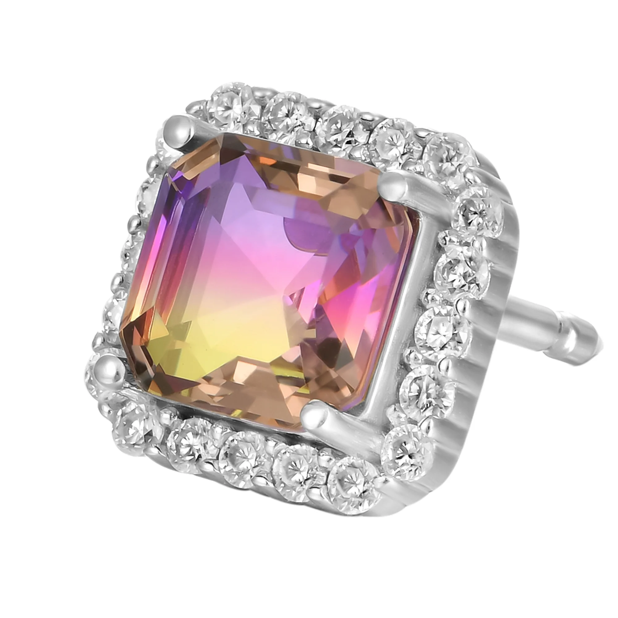 S925 Emerald-Cut Purple and Yellow Gradient Tourmaline Halo Stud Earring - Image 2