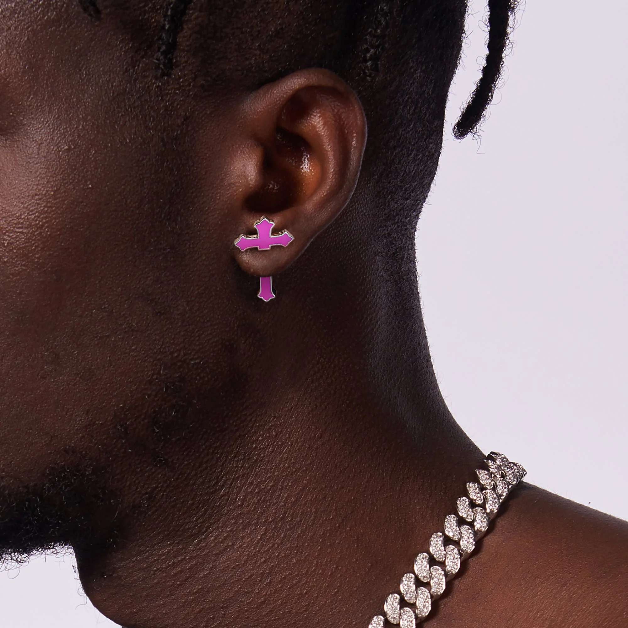S925 Gothic Cross Spike Earring - Pink Enamel - Image 2