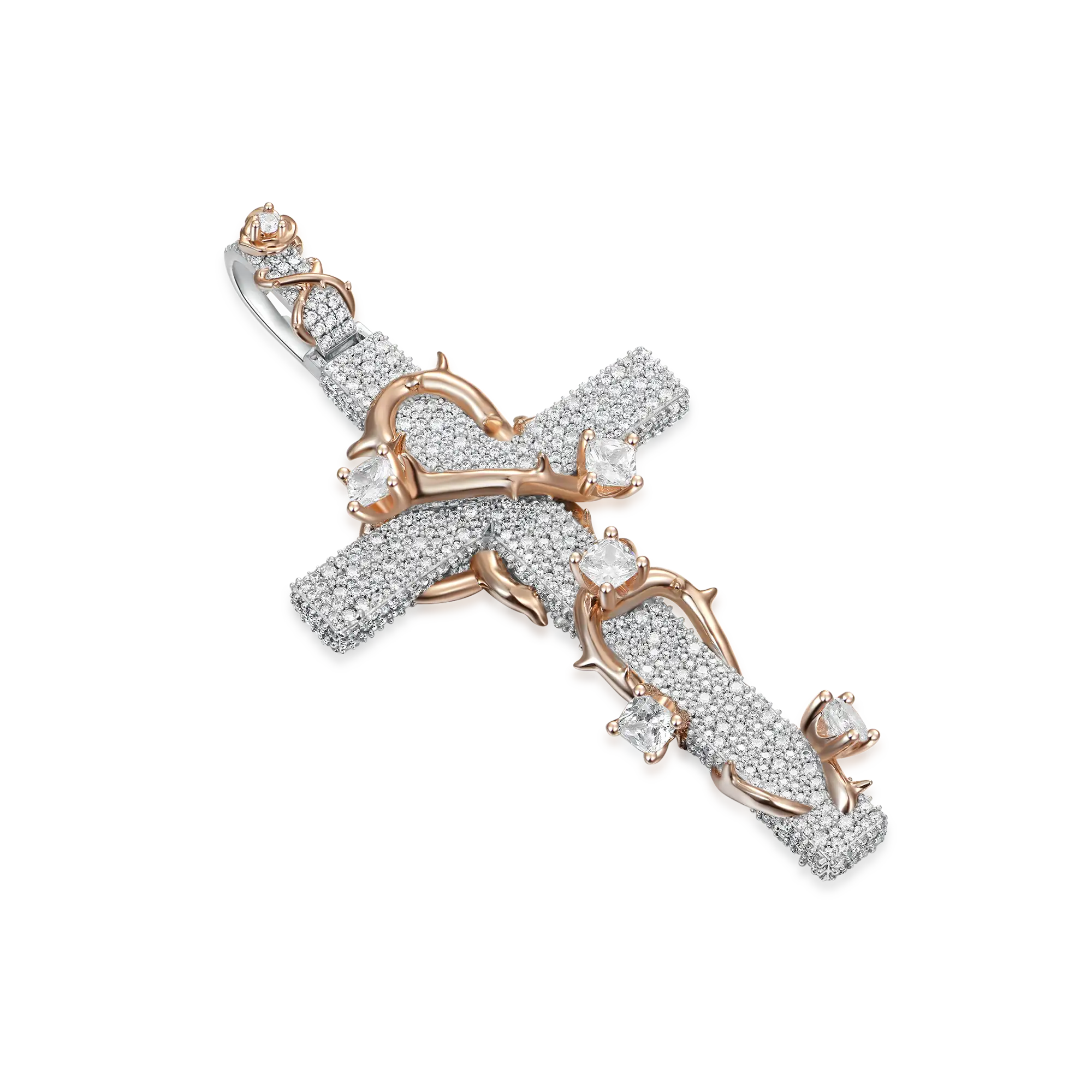 Moissanite Pave Set Thorned Rose Cross Pendant - Image 11