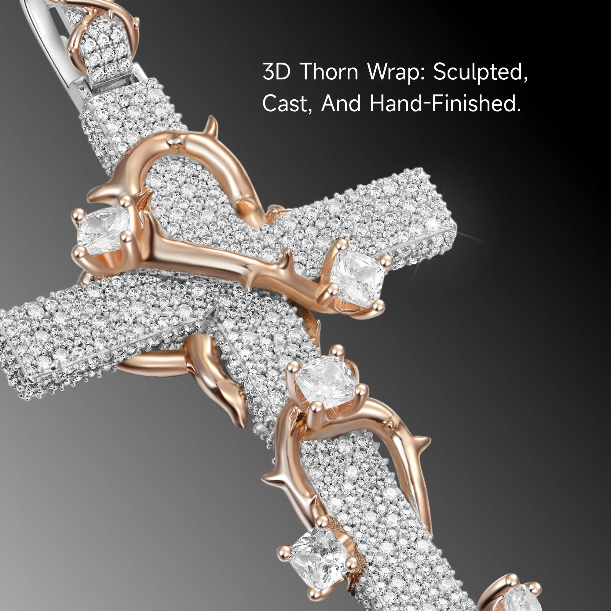 Moissanite Pave Set Thorned Rose Cross Pendant - Image 5