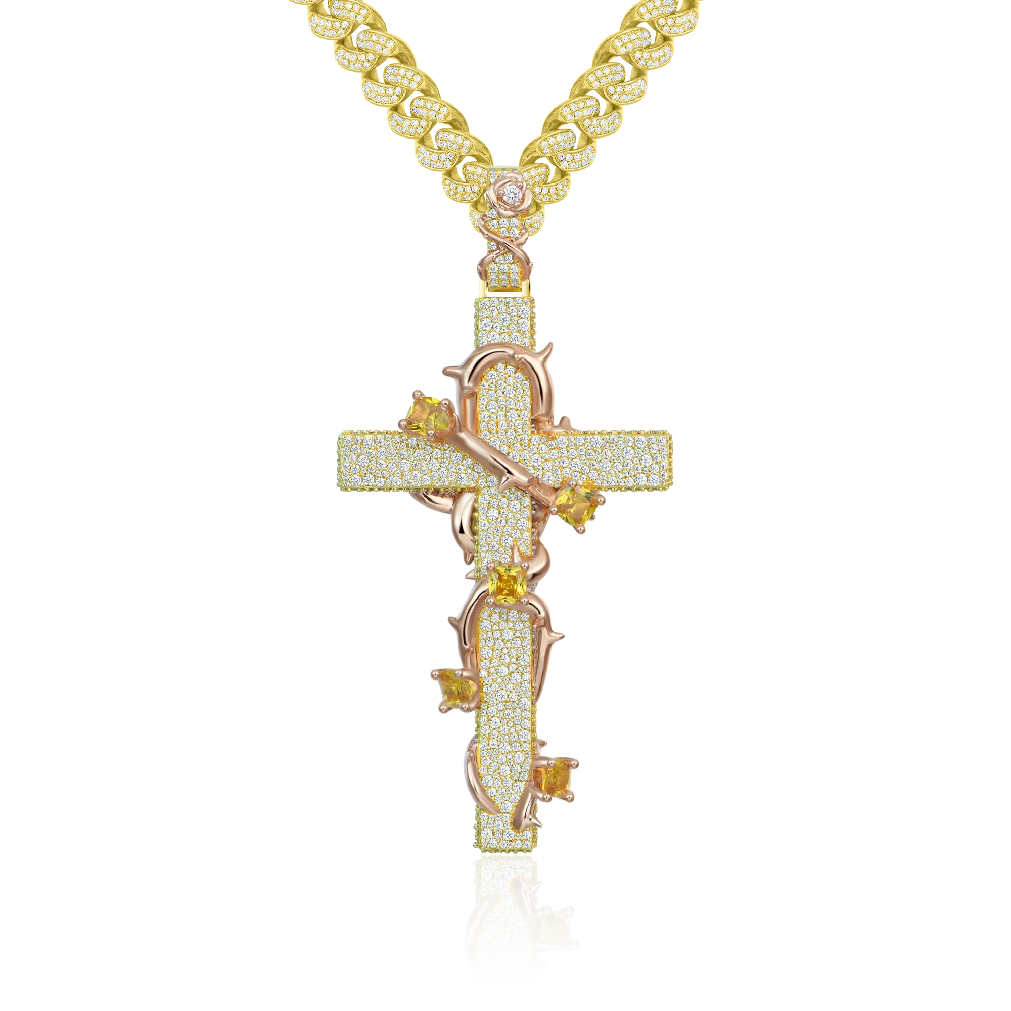 Moissanite Pave Set Thorned Rose Cross Pendant - Image 6