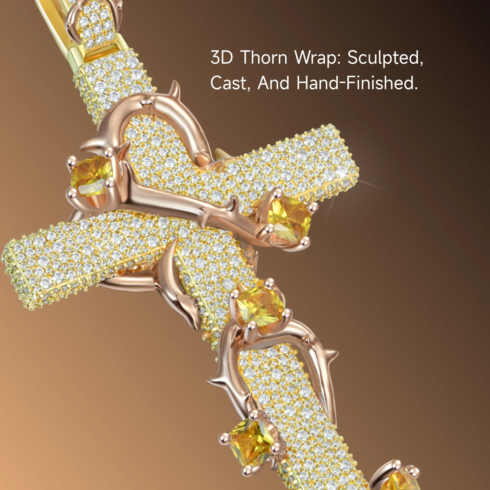 Moissanite Pave Set Thorned Rose Cross Pendant - Image 9