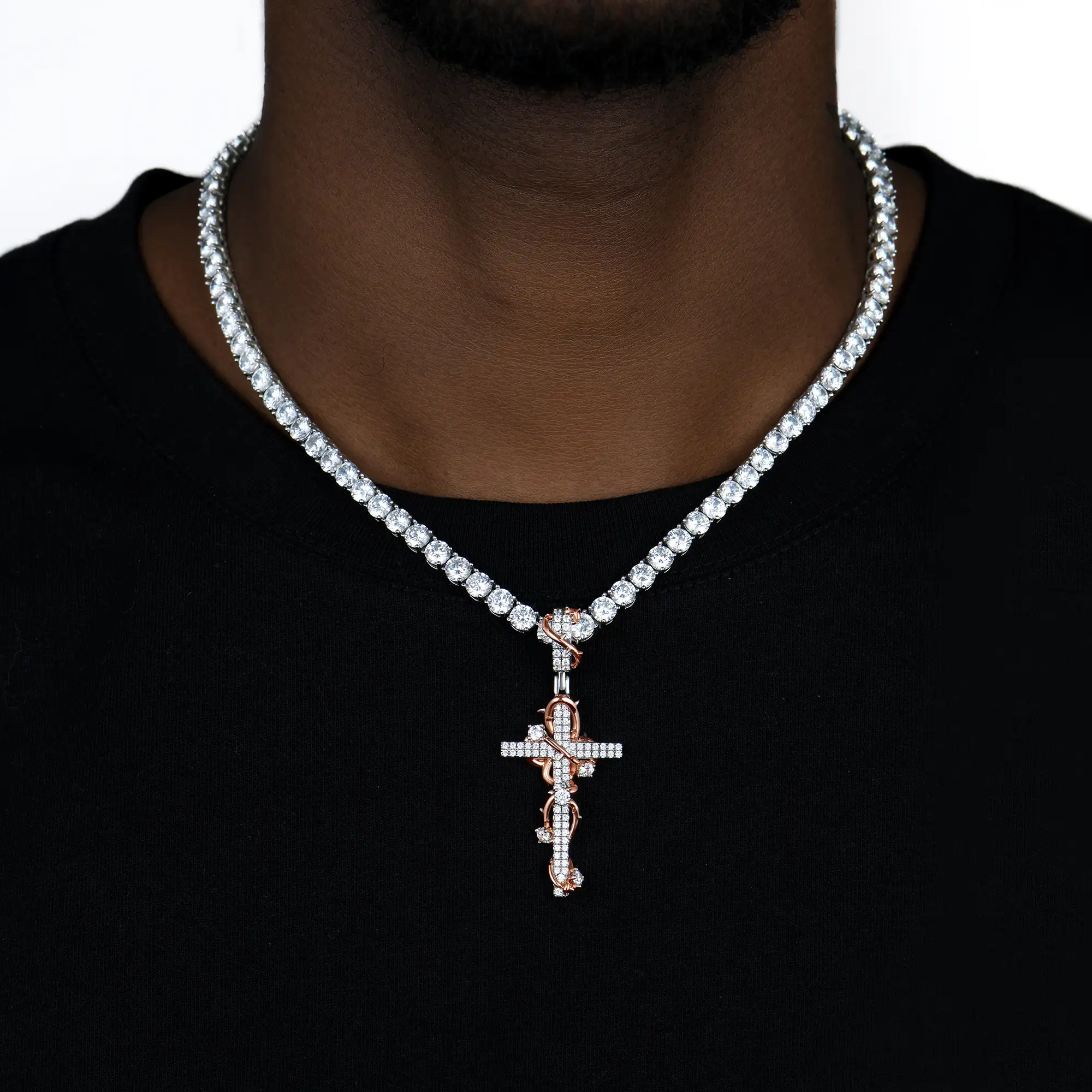 Moissanite Thorned Rose Cross Pendant - Image 3