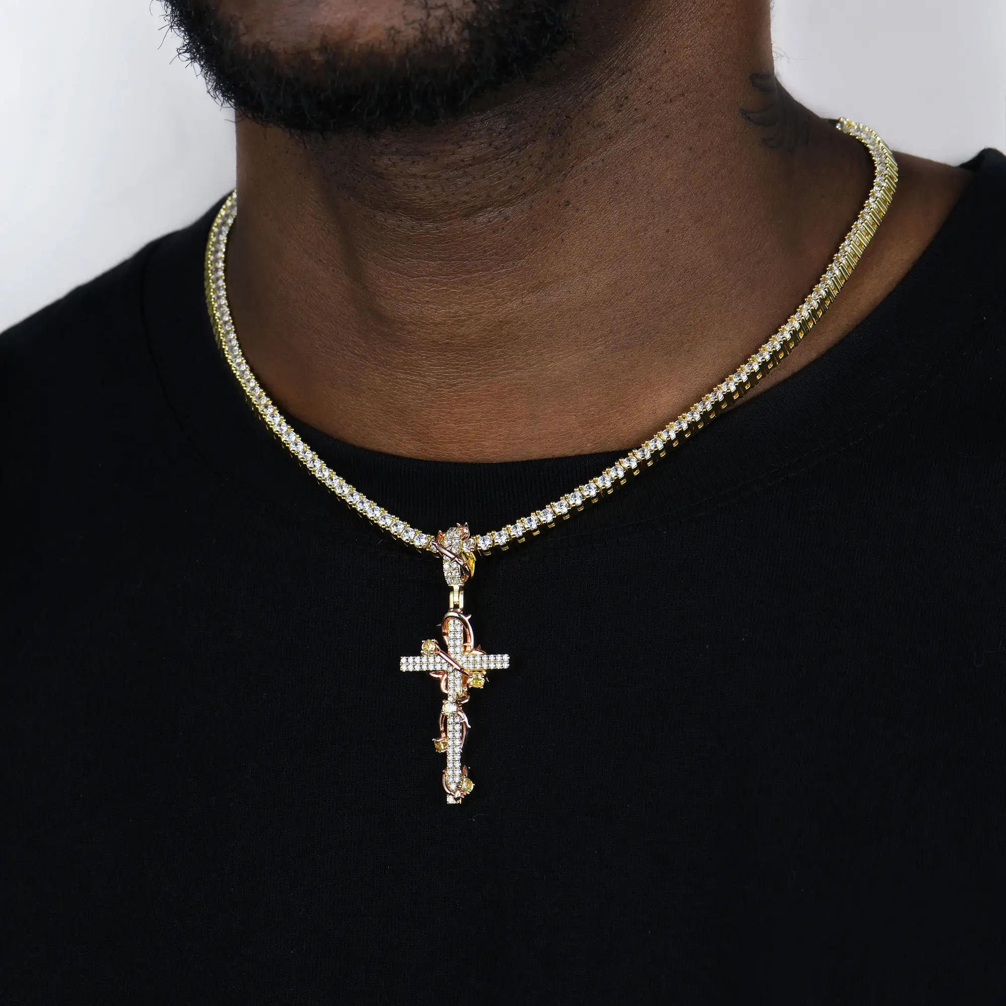Moissanite Thorned Rose Cross Pendant - Image 7