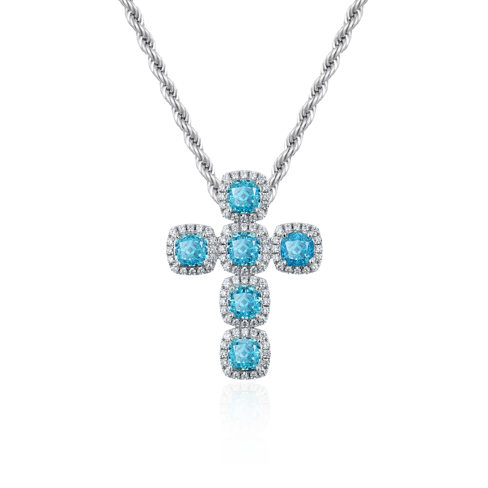 Radiant Cut Clustered Cross Pendant - Aquamarine