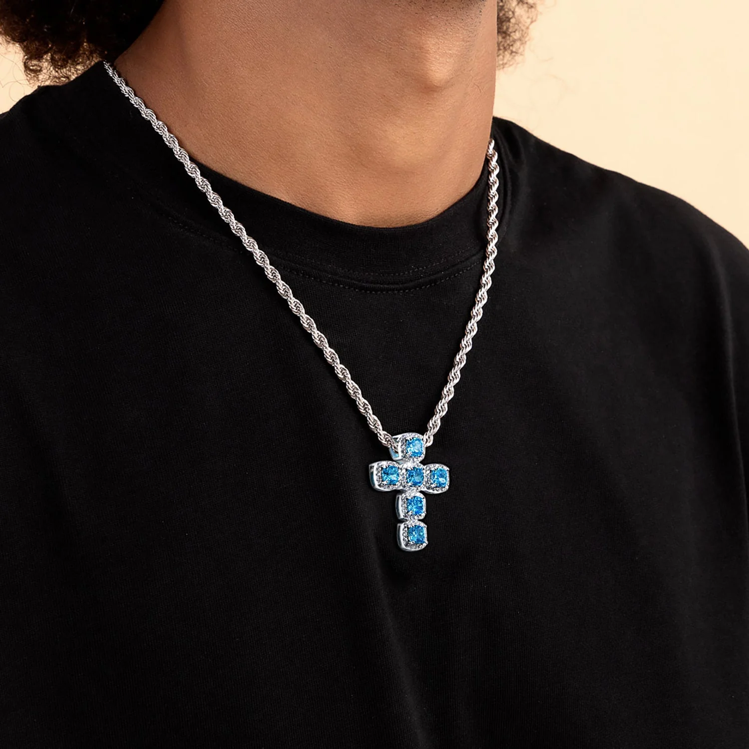 Radiant Cut Clustered Cross Pendant - Aquamarine - Image 2