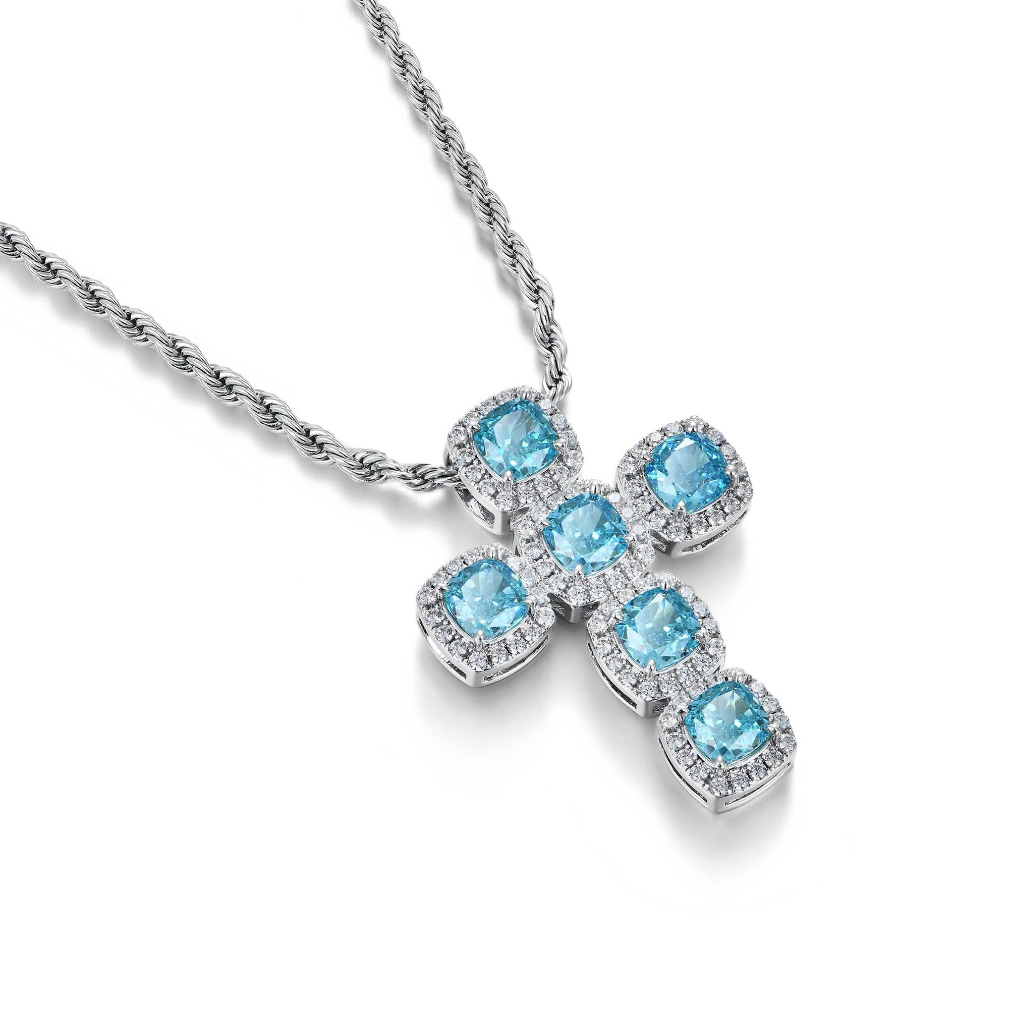 Radiant Cut Clustered Cross Pendant - Aquamarine - Image 6