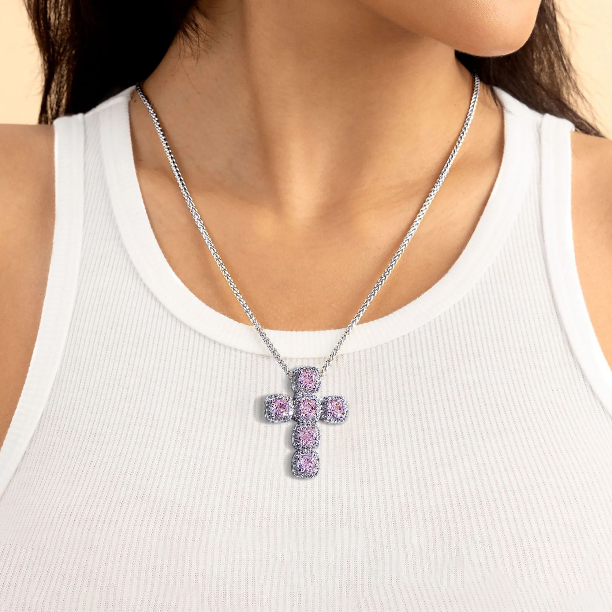 Radiant Cut Clustered Cross Pendant - Fancy Light Pink - Image 2