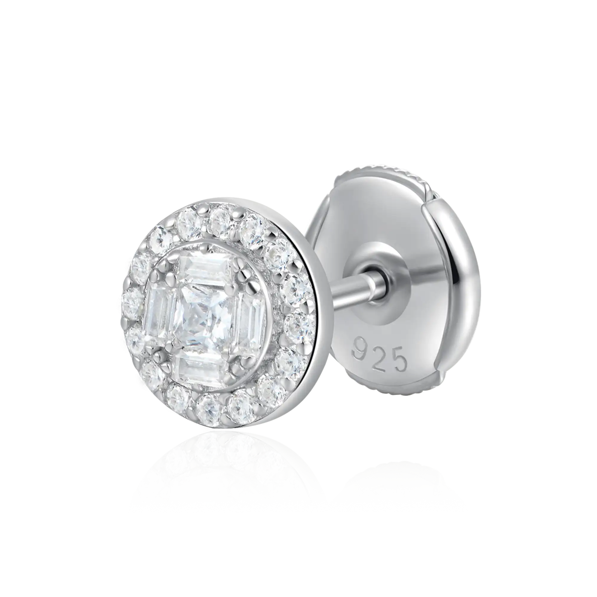 Single Baguette Mix Round Cut Halo Stud Earrings