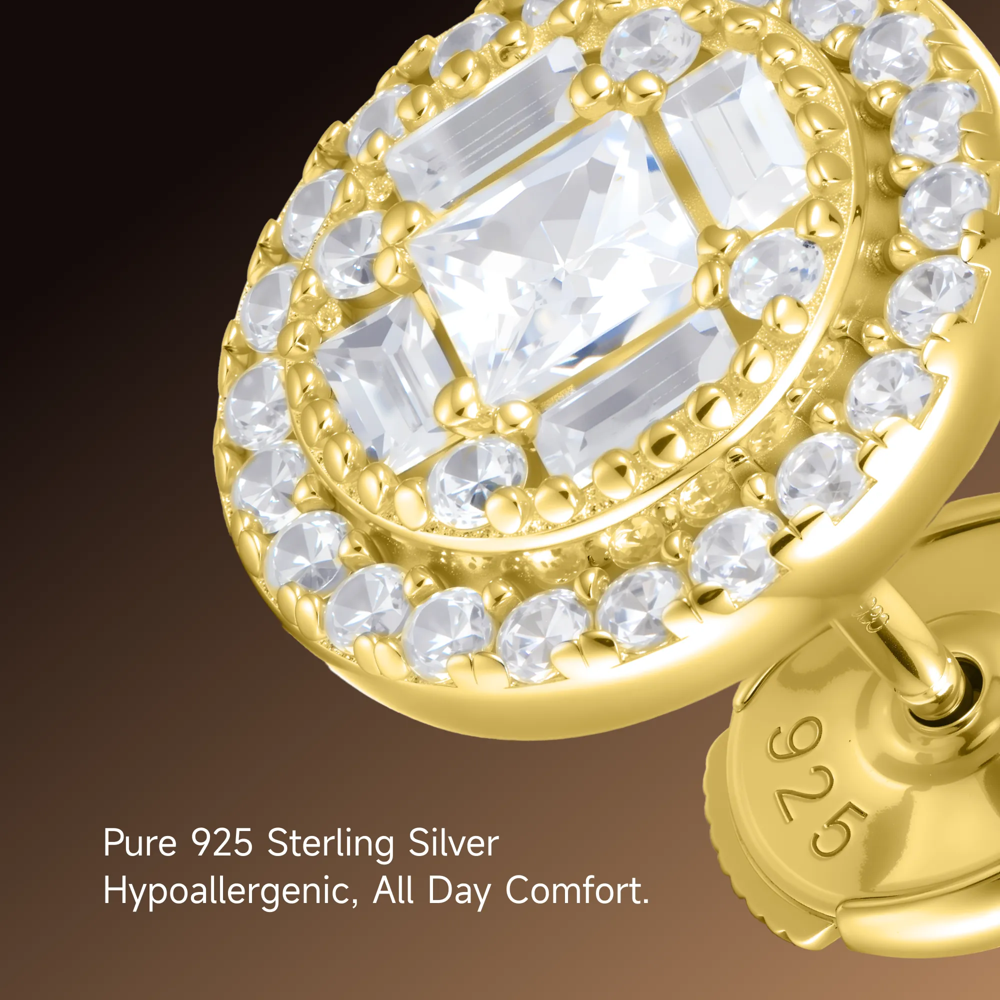 Single Baguette Mix Round Cut Halo Stud Earrings - Image 10